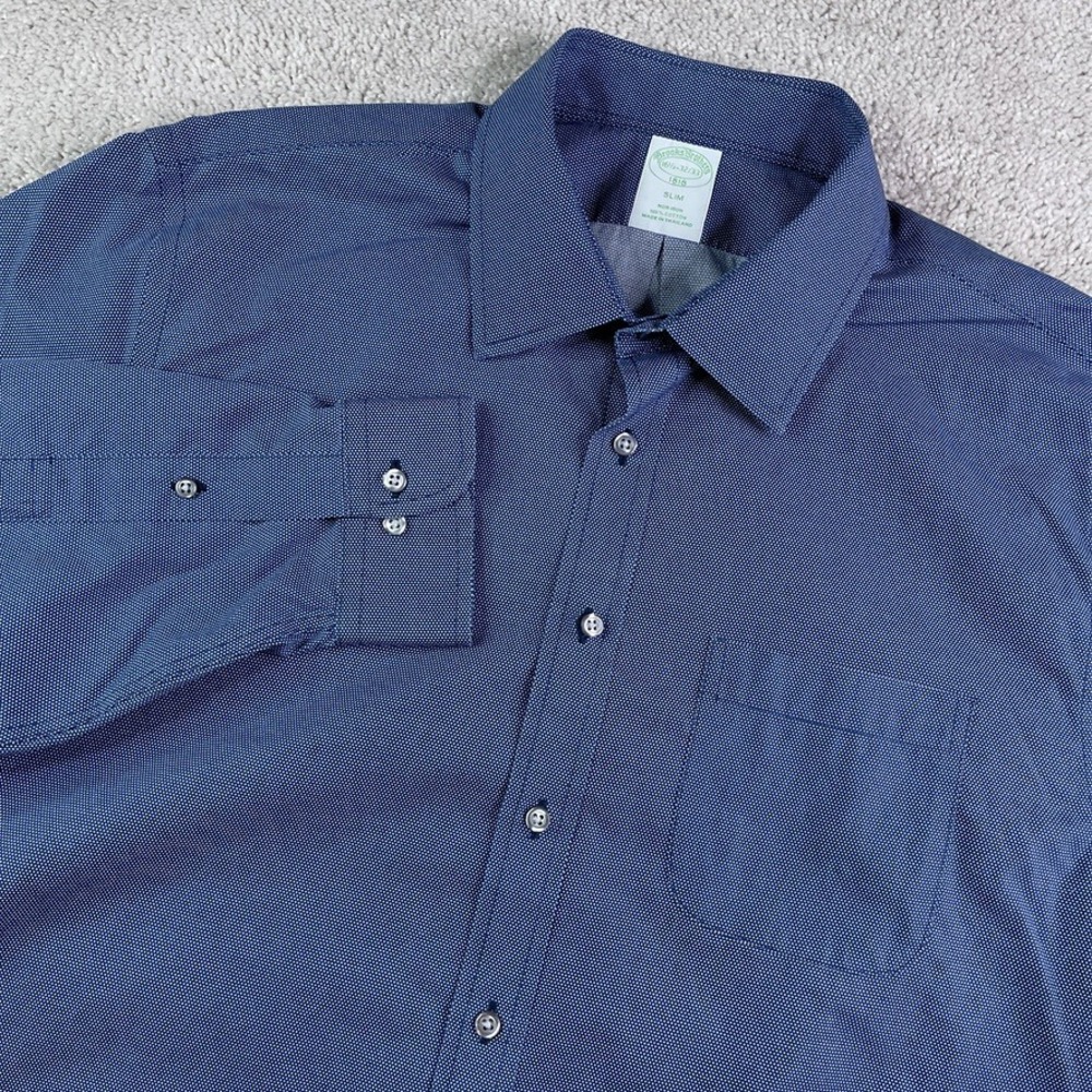 Brooks Brothers Shirt Mens 16.5 32 Blue Dots Slim Fit Non Iron Cotton Button Up